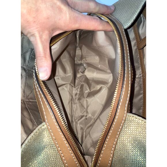 MICHAEL KORS, GOLD CANVAS, BROWN LEATHER TIM SHOULDER BAG - Picture 14 of 16